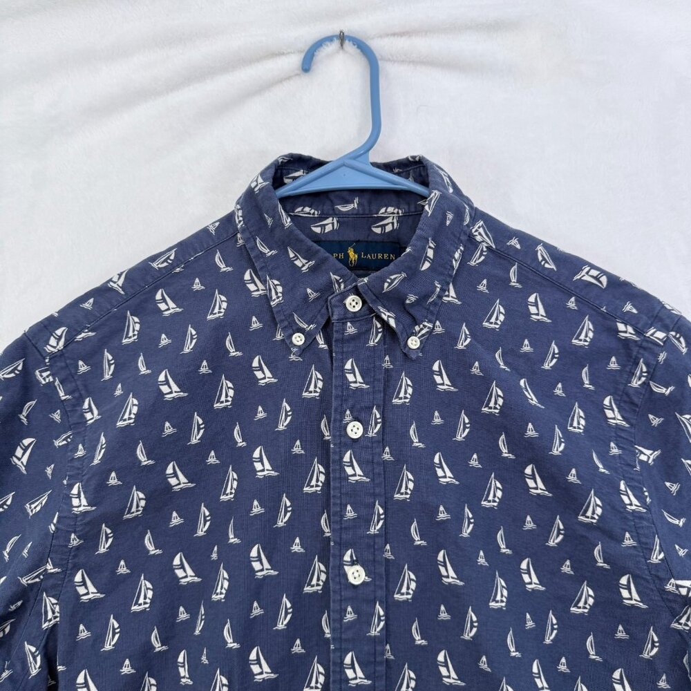 Ralph Lauren Shirt Mens M Blue Slim Fit Sailboat Geometric Oxford Button Down - Picture 2 of 6